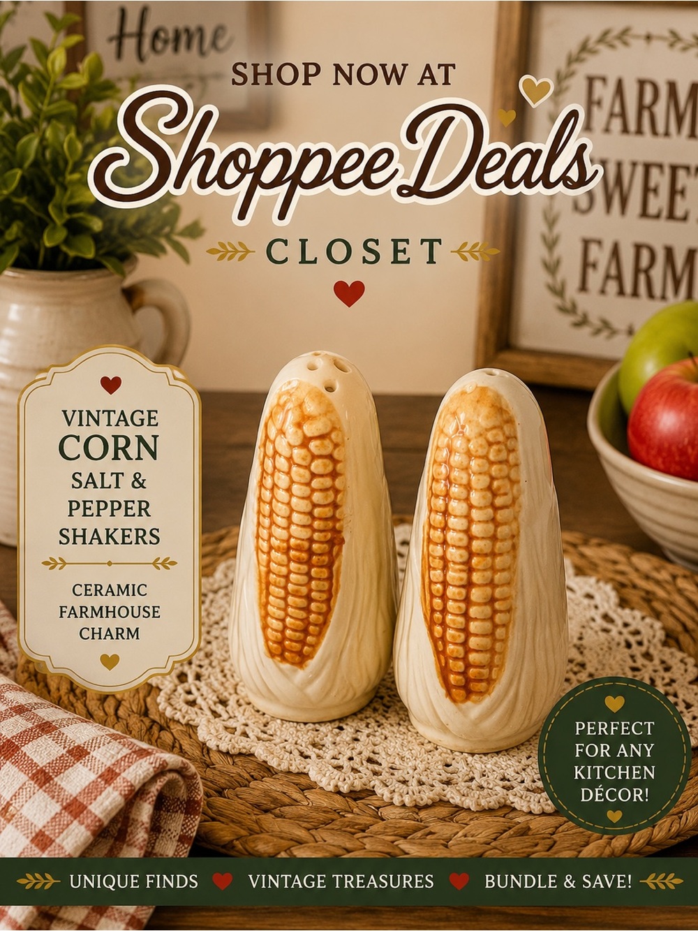 Vintage Ceramic Corn on the Cob Salt & Pepper Shakers Farmhouse Kitchen